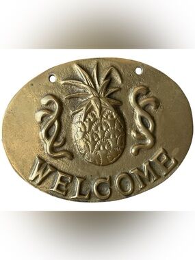 Vintage PENCO Pineapple Welcome Plaque Brass Tone Wall Door Decor Taiwan